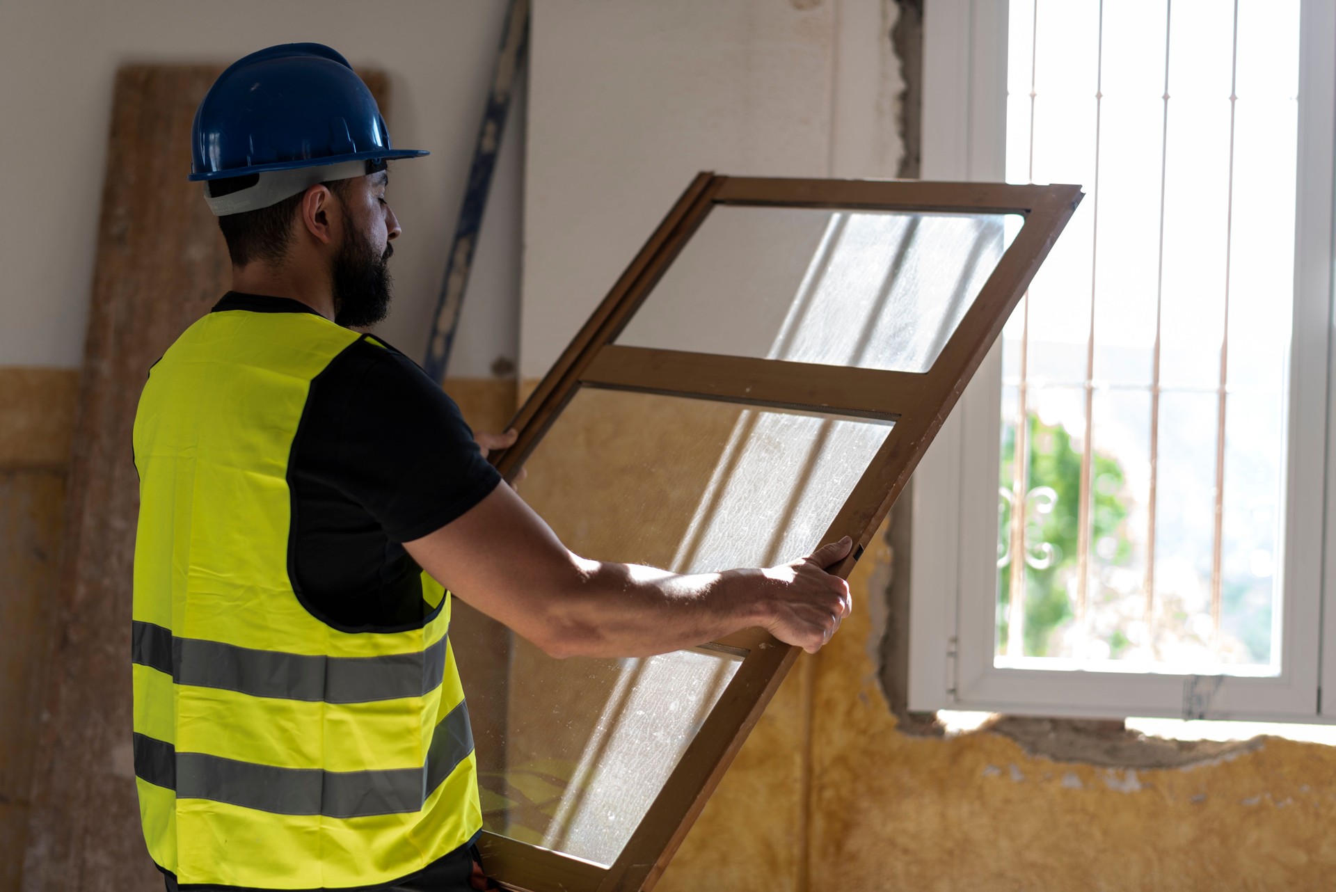 Construction worker replaces old shuttered windows with thermally broken windows, old window removing